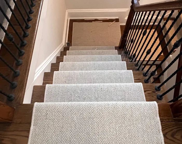 Dark hardwood stairs with herringbone carpet runner